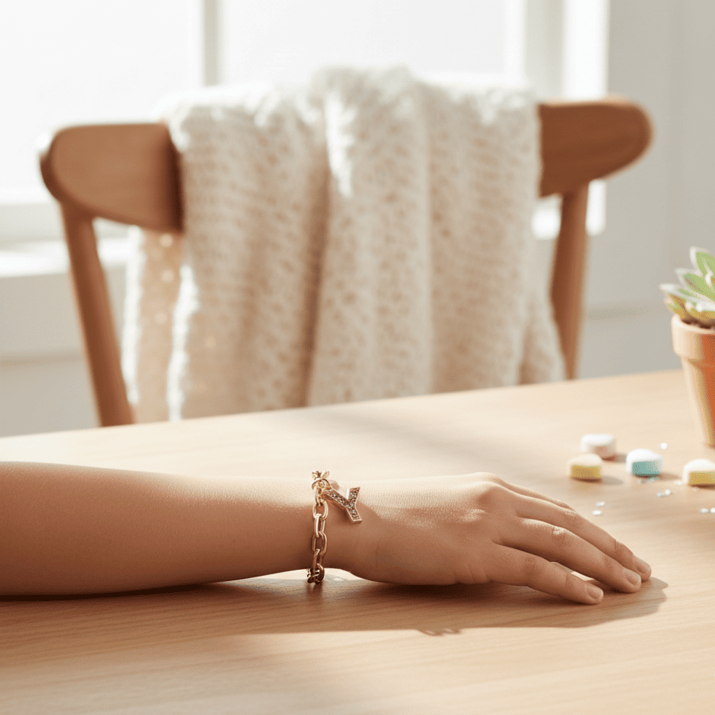 Hand wearing a bracelet on a wooden table with a chair and plant in the background