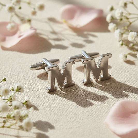 Silver 'MM' cufflinks on a soft surface with flowers