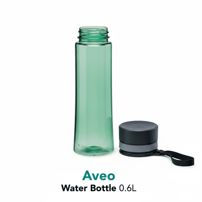 Green water bottle with black cap on a white background, featuring the brand 'Aveo'.