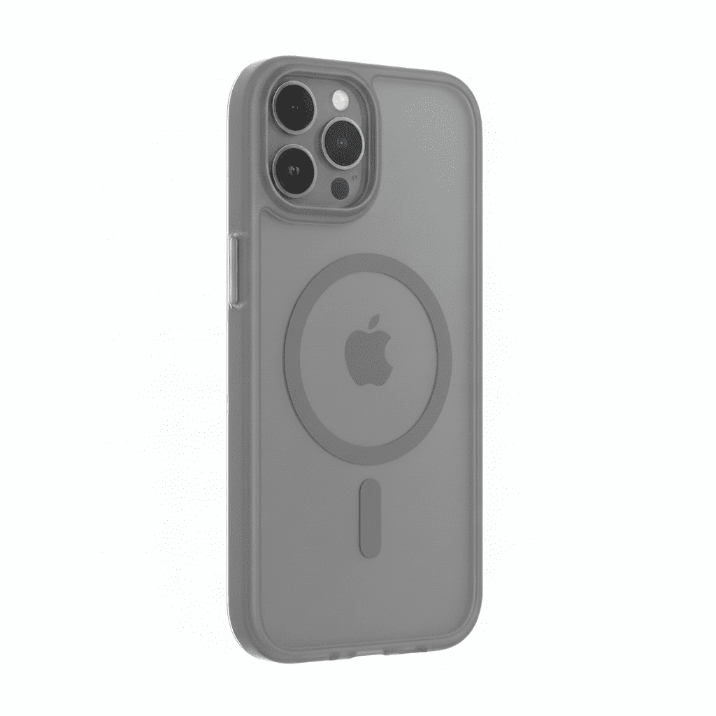 Gray phone case with Apple logo on a white background