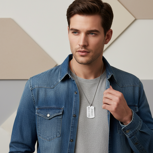 Man wearing a blue denim jacket over a gray shirt with a necklace featuring a dog tag.