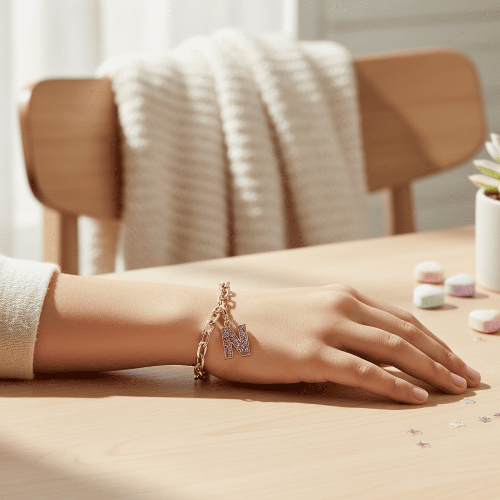 Hand wearing a bracelet on a wooden table with a blurred background