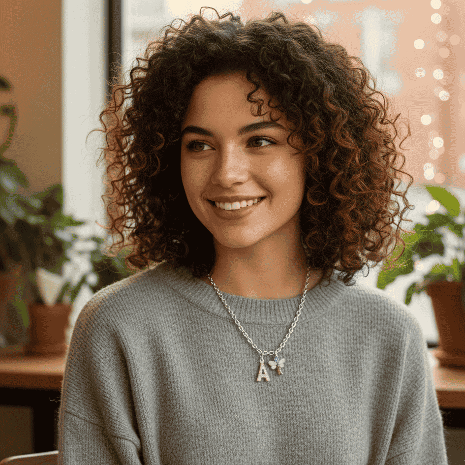 Woman with curly hair wearing a gray sweater and necklace with charms indoors.