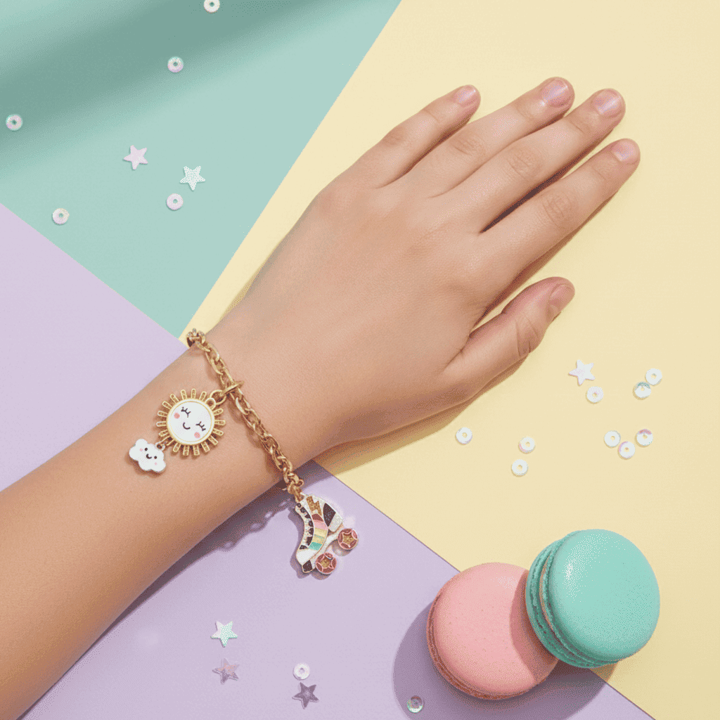 Hand wearing a gold bracelet with charms on a colorful background