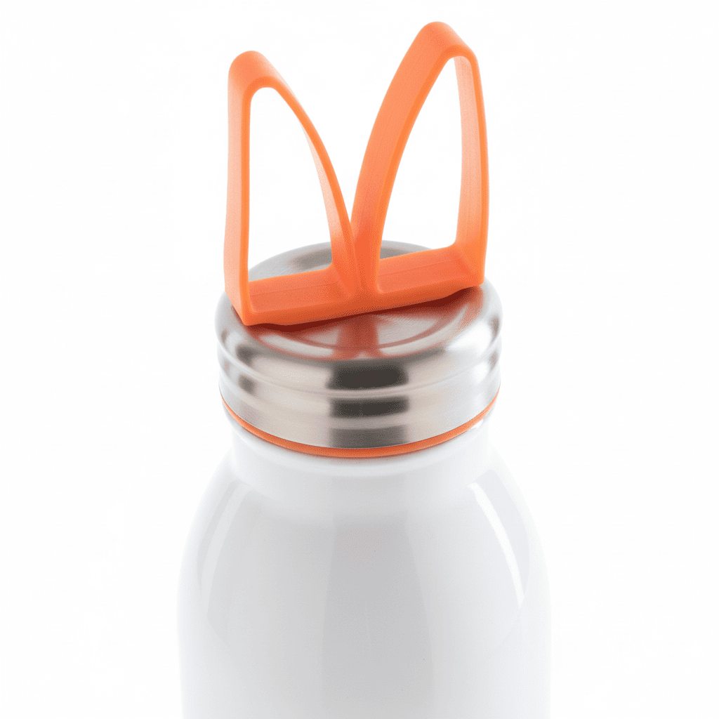 White water bottle with orange bunny ears on a white background