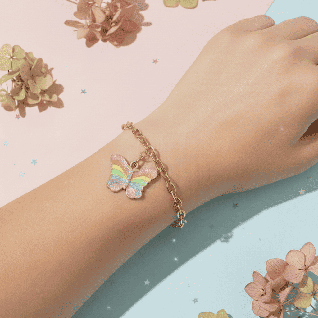 Hand wearing a bracelet with a butterfly charm on a pastel background
