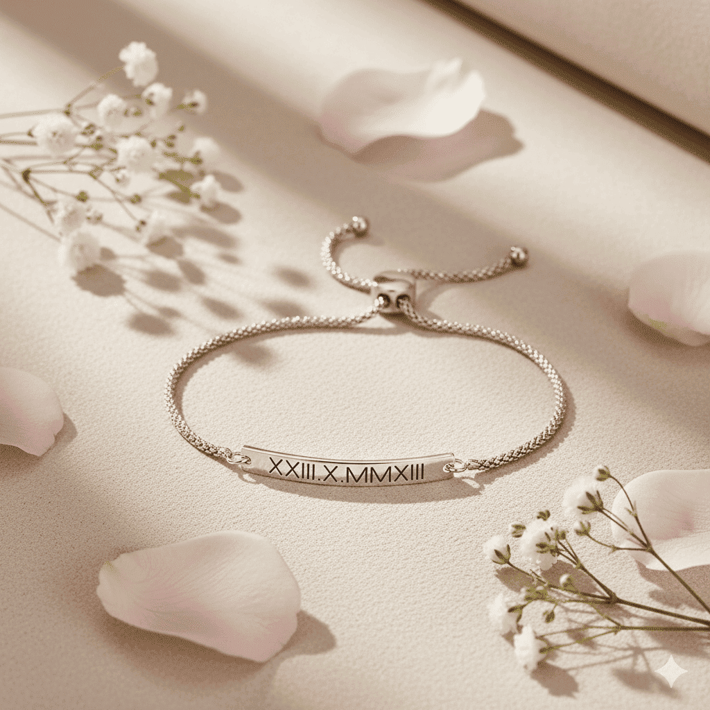 Silver bracelet with Roman numeral engraving on a soft beige background with flowers