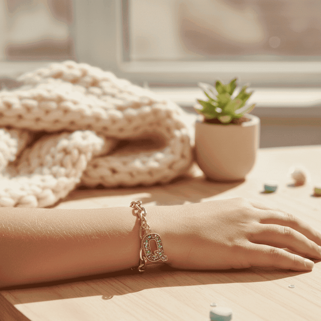 Hand wearing a bracelet with a decorative charm on a wooden surface with a plant and blanket in the background.
