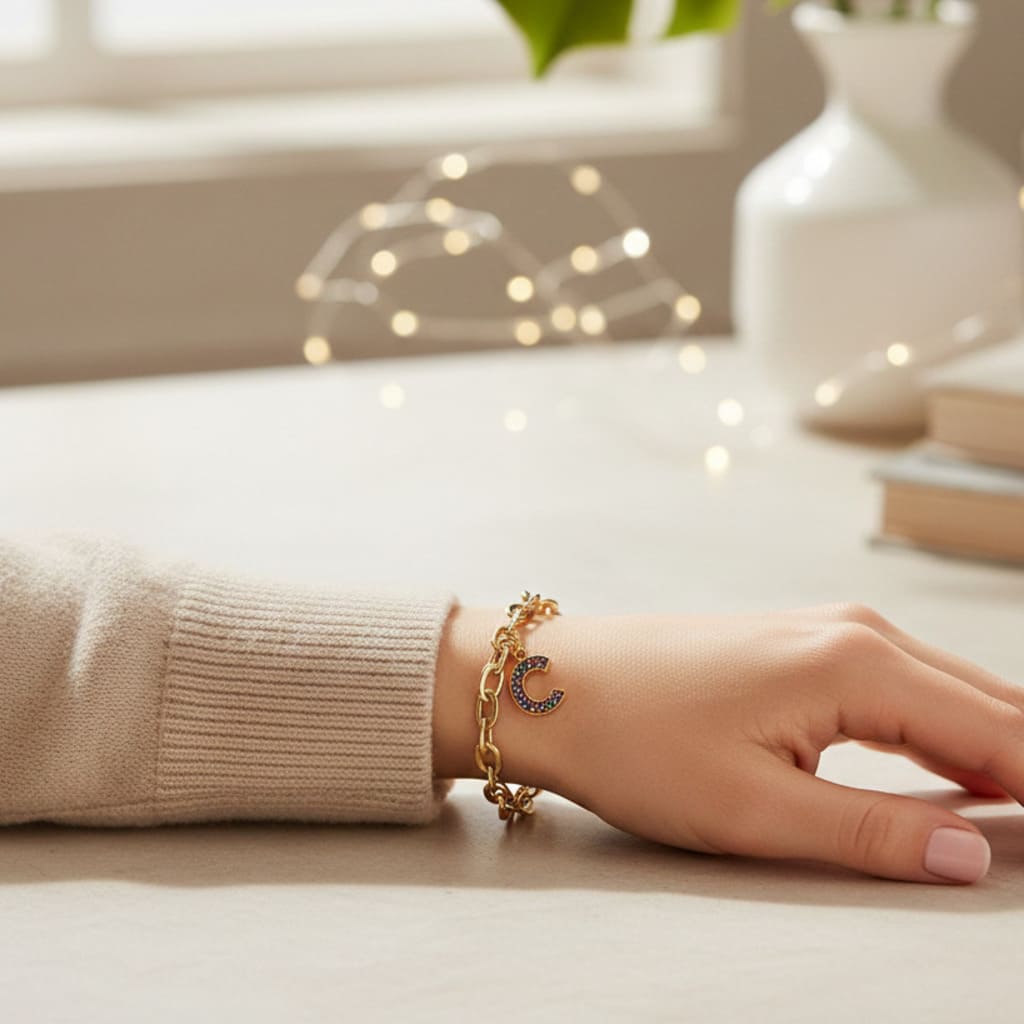 Hand wearing a gold bracelet with a moon charm on a light surface.