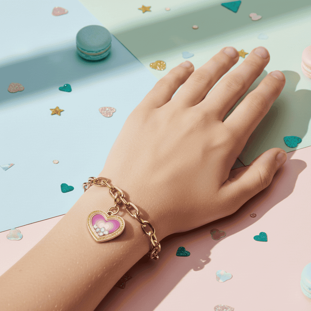 Hand wearing a gold bracelet with a heart charm on a colorful background