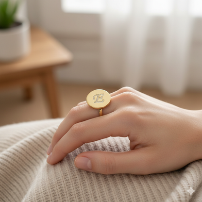 Engraved Initial Round Zirconia Letter Ring
