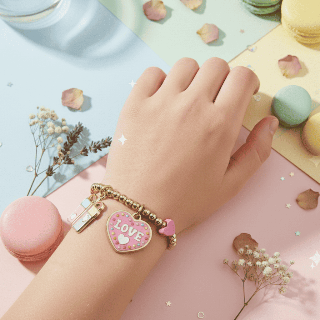Hand wearing a gold bracelet with a pink heart charm labeled 'LOVE' on a colorful background with macarons and flowers.