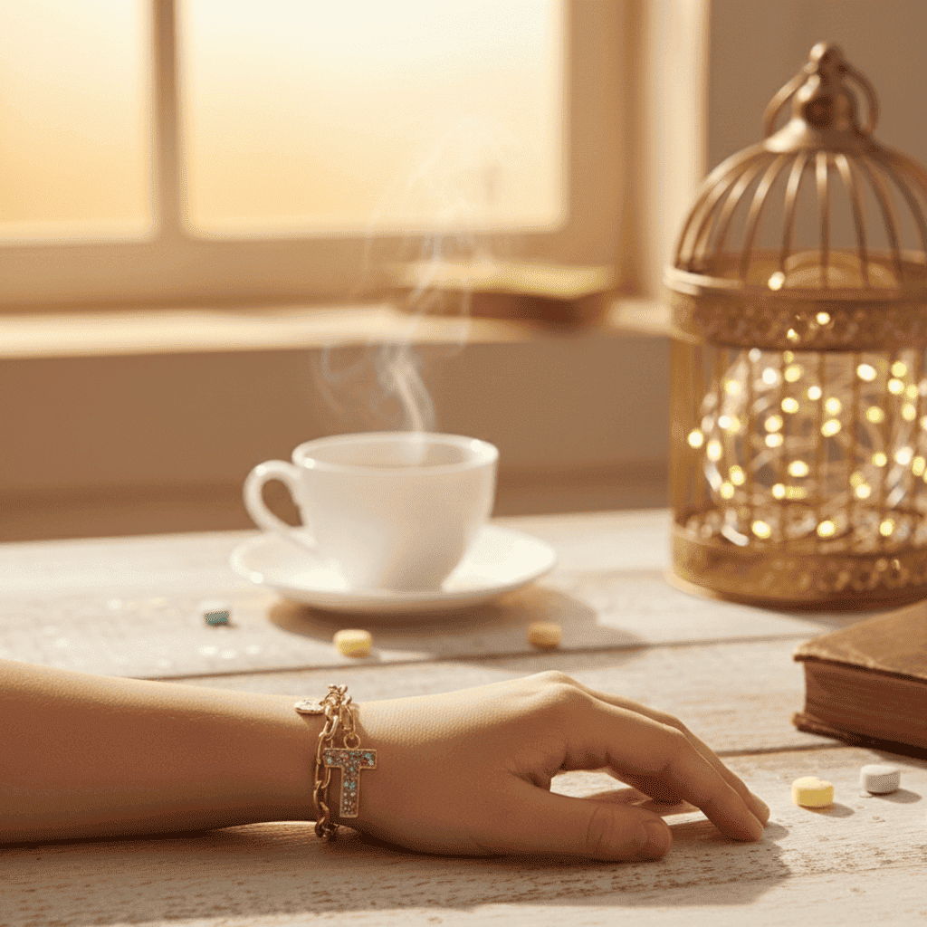 Hand with bracelet near a steaming cup of coffee on a wooden table with a warm light ambiance.