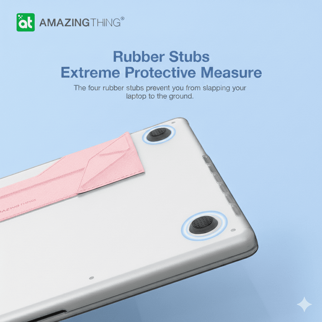 Laptop with pink rubber stubs on a light blue background, featuring the brand 'Amazing Thing'.