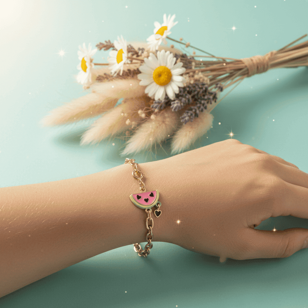 Hand wearing a gold bracelet with a watermelon charm, against a light blue background with flowers.