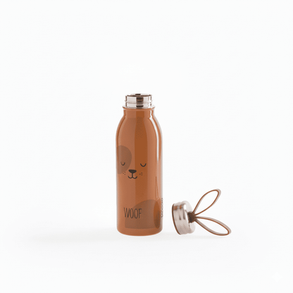 Brown water bottle with dog illustration and 'WOOF' text on a white background