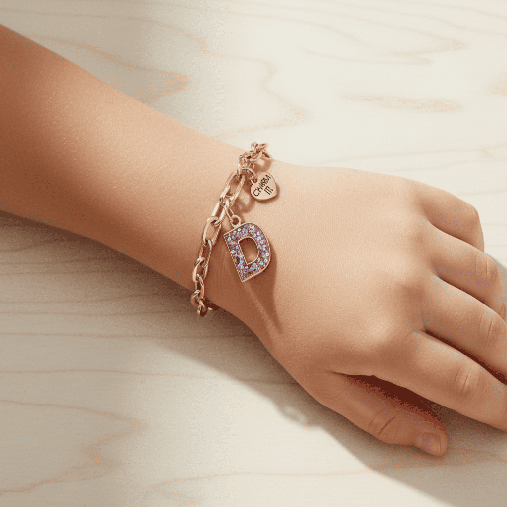 Hand wearing a rose gold bracelet with a 'D' charm on a light wooden surface