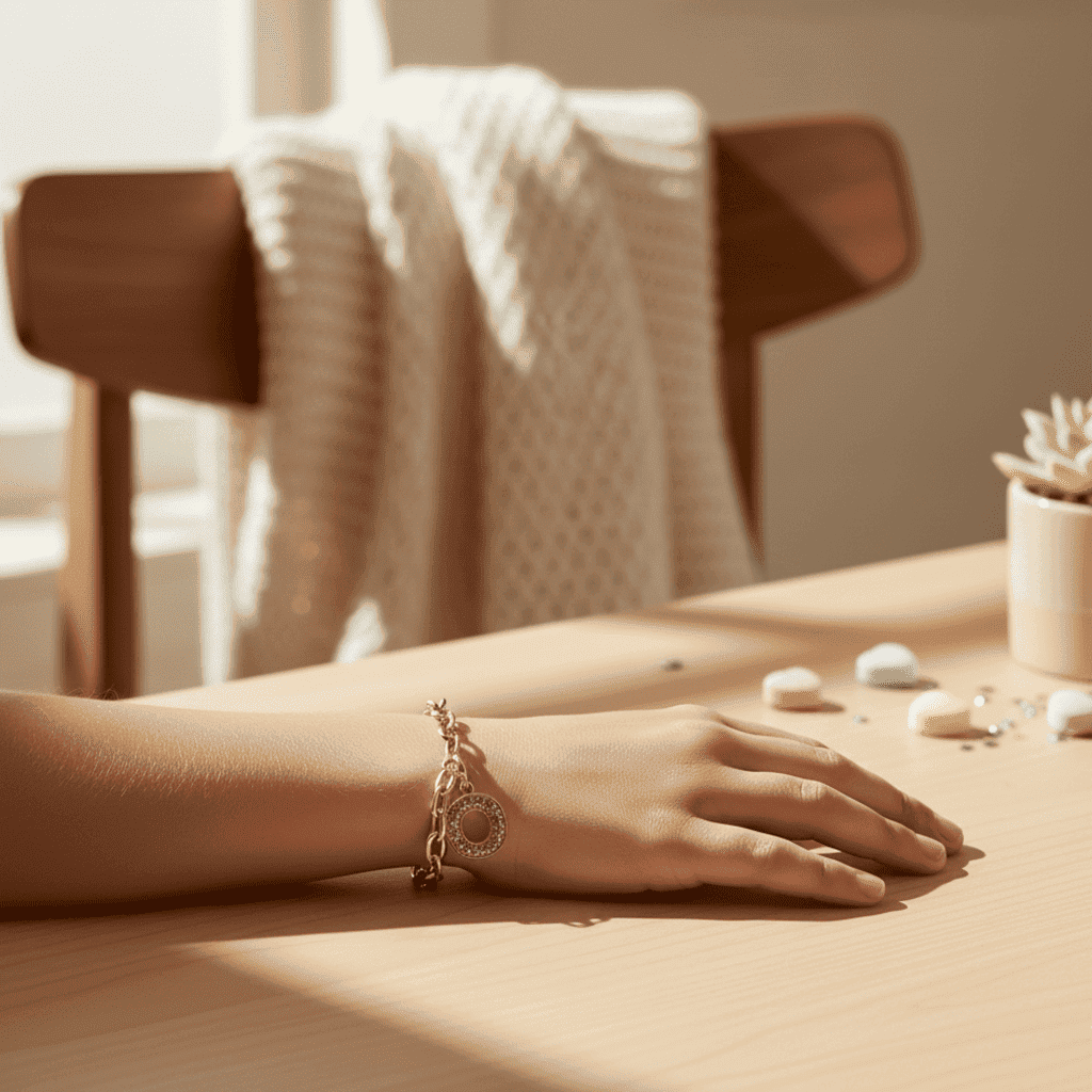 Hand wearing a bracelet on a wooden surface with a blurred background