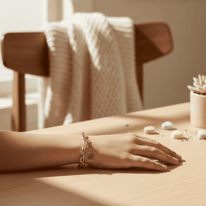 Hand wearing a bracelet on a wooden surface with a blurred background