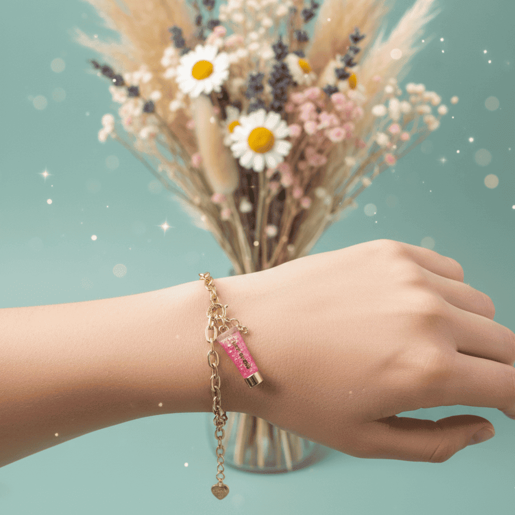 Hand wearing a pink beaded bracelet with a bouquet of flowers in the background