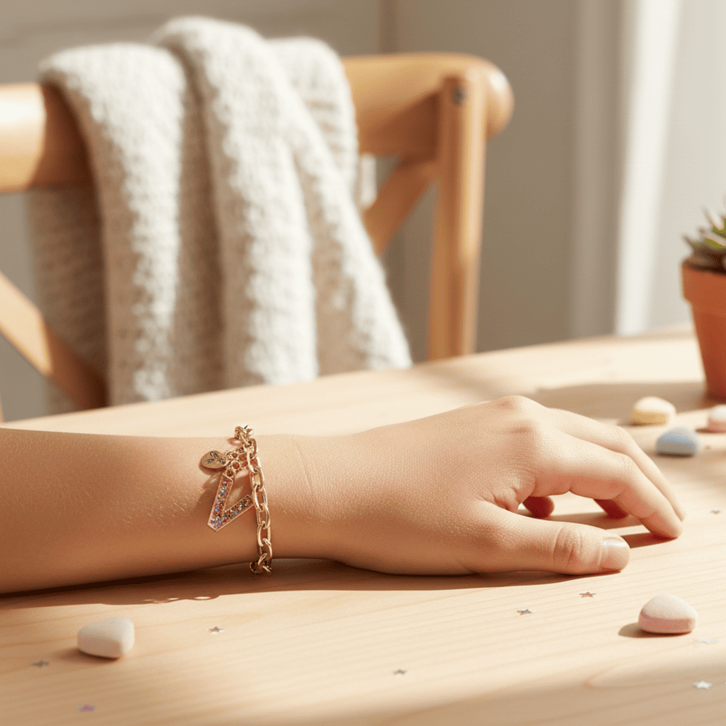 Hand wearing a bracelet with charms on a wooden surface