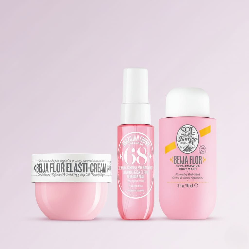 Three skincare products from Beija Flor on a light pink background