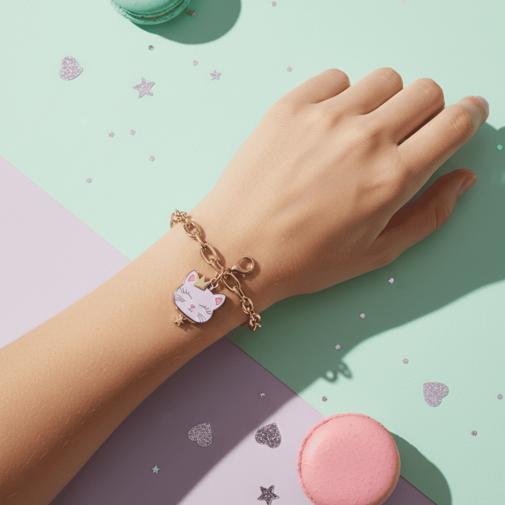 Hand wearing a gold bracelet with a cat charm on a colorful background