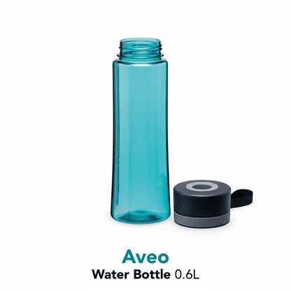 Blue water bottle with black cap on a white background, featuring the Aveo brand.