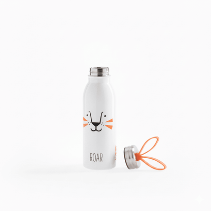 White water bottle with cat design and 'ROAR' text on a white background