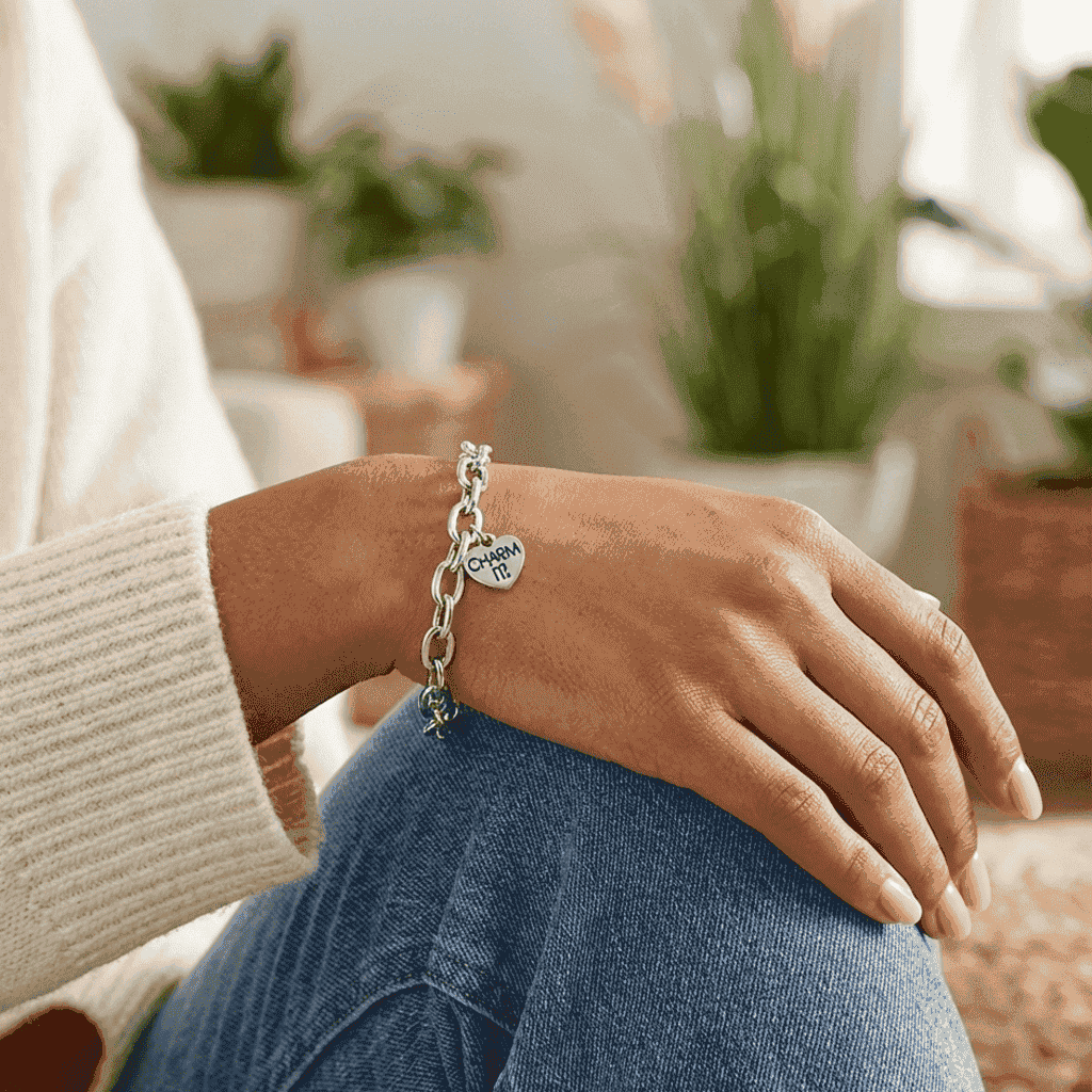 Person wearing a silver bracelet with a heart charm in a cozy indoor setting with plants.