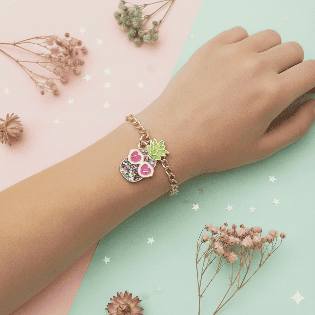 Hand wearing a colorful bracelet with floral charms on a pastel background