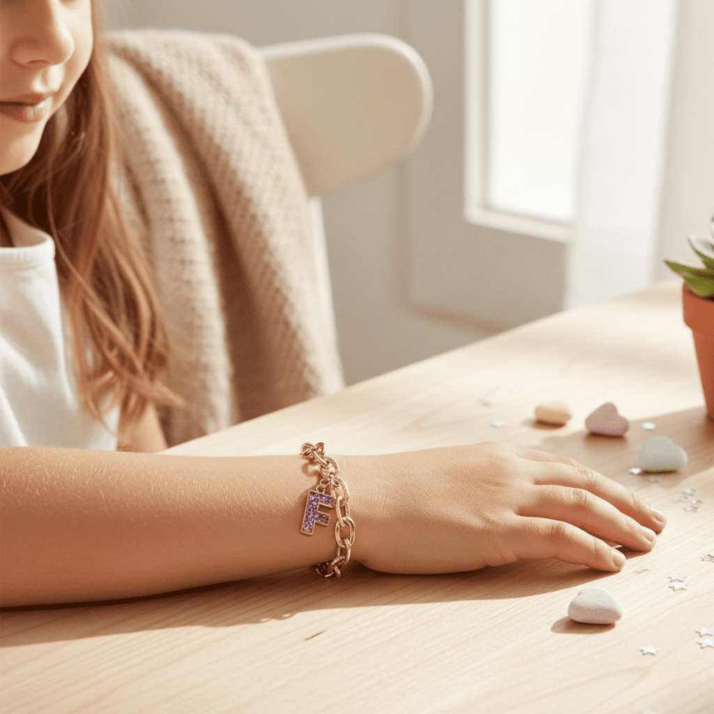 Person wearing a gold bracelet with a purple charm on a wooden surface.