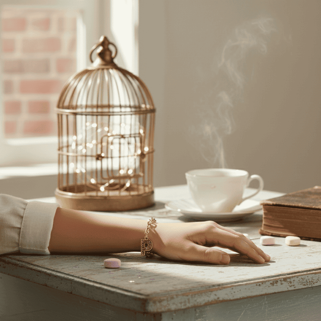 Hand resting on a table with a birdcage, steaming cup, and book in a warm setting.