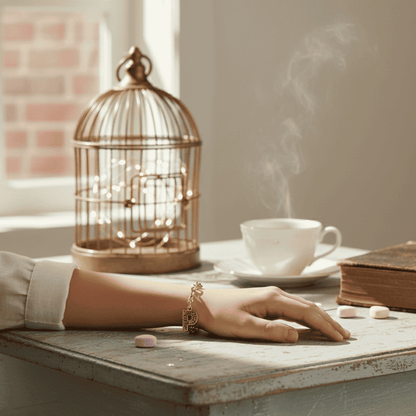Hand resting on a table with a birdcage, steaming cup, and book in a warm setting.