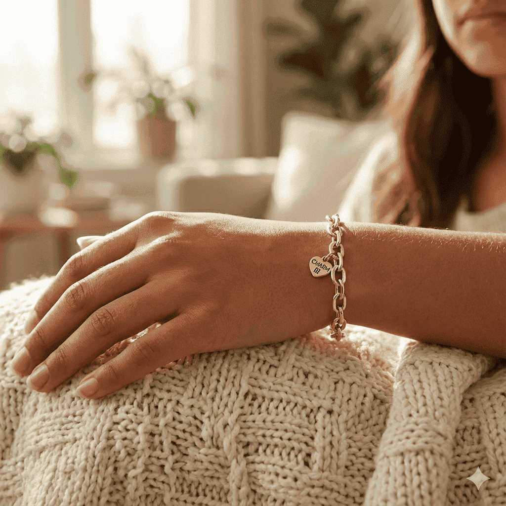 Person wearing a bracelet with a heart charm on a textured surface