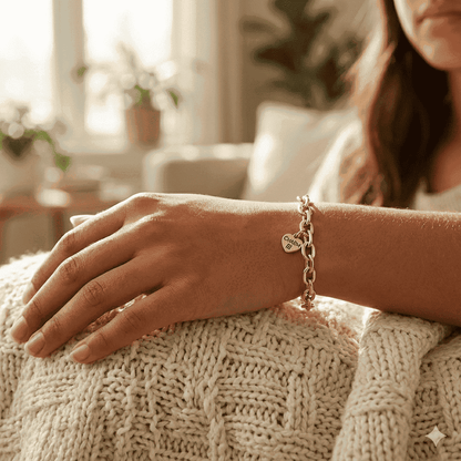 Person wearing a bracelet with a heart charm on a textured surface