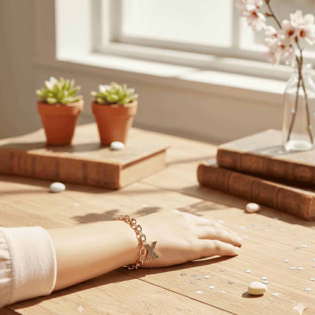 Hand wearing a bracelet with small star charm on a wooden surface with books and plants in the background.