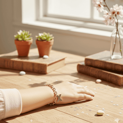 Hand wearing a bracelet with small star charm on a wooden surface with books and plants in the background.