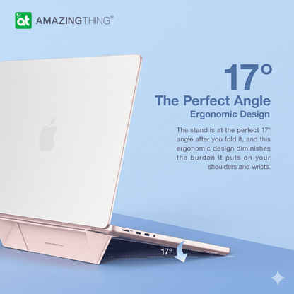 Laptop with a stand at a 17-degree angle on a light blue background, featuring the 'Amazing Thing' brand.