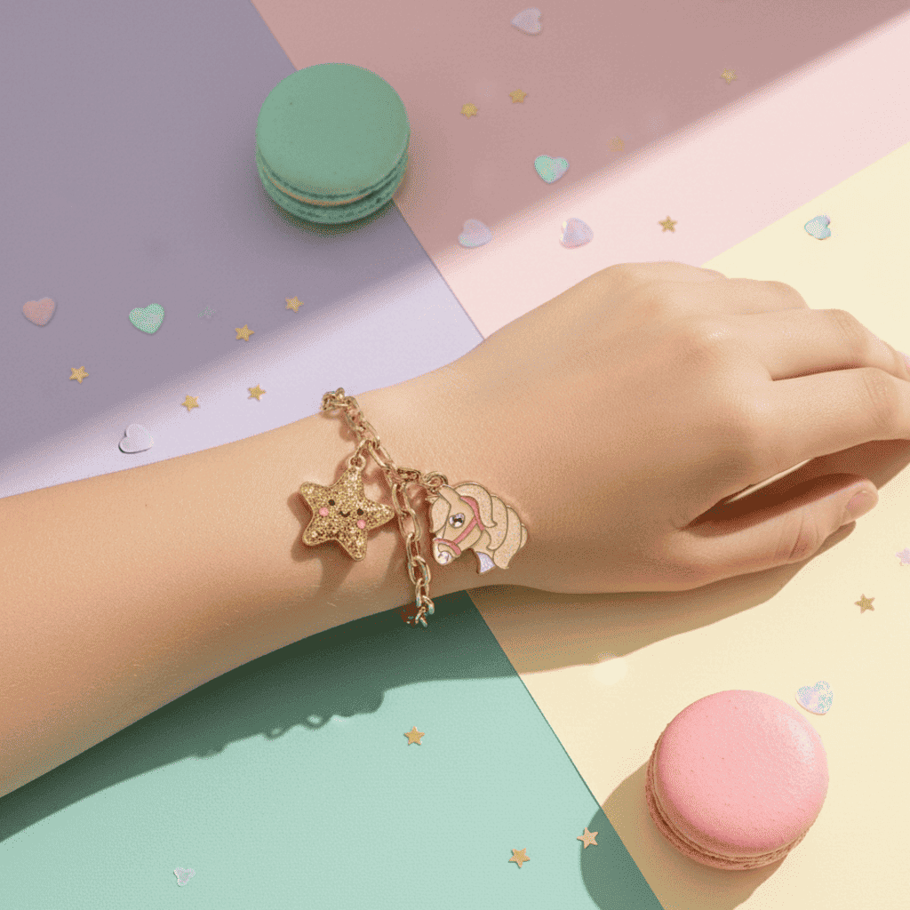 Hand wearing a gold bracelet with charms on a colorful background with macarons