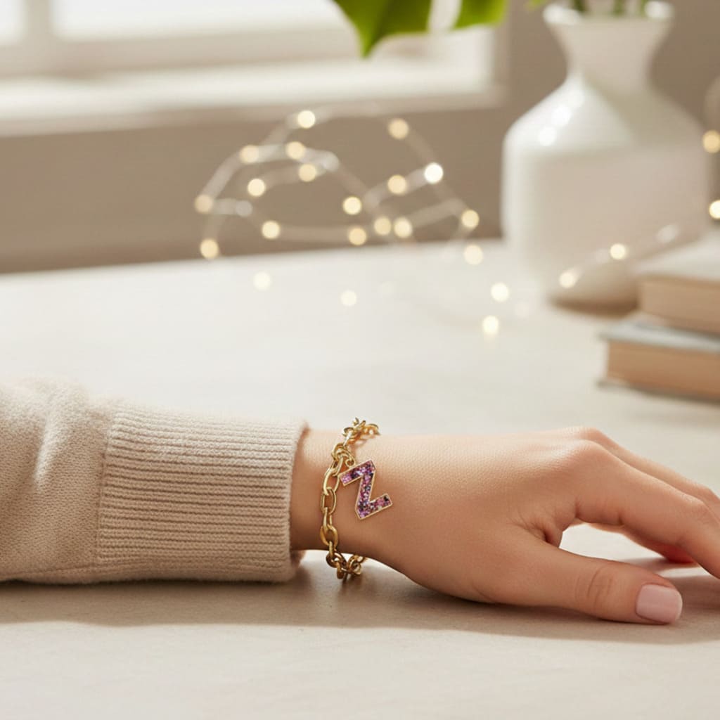 Hand wearing a gold bracelet with a purple charm on a light surface.