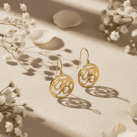 Gold earrings with monogram design on a light surface with white flowers