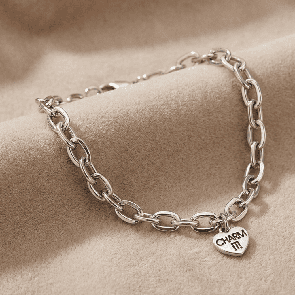 Silver chain bracelet with a heart-shaped charm on a beige surface