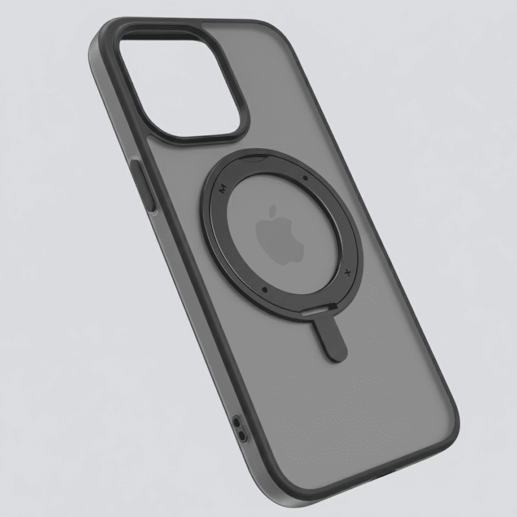 Phone case with a magnetic ring holder on a light gray background