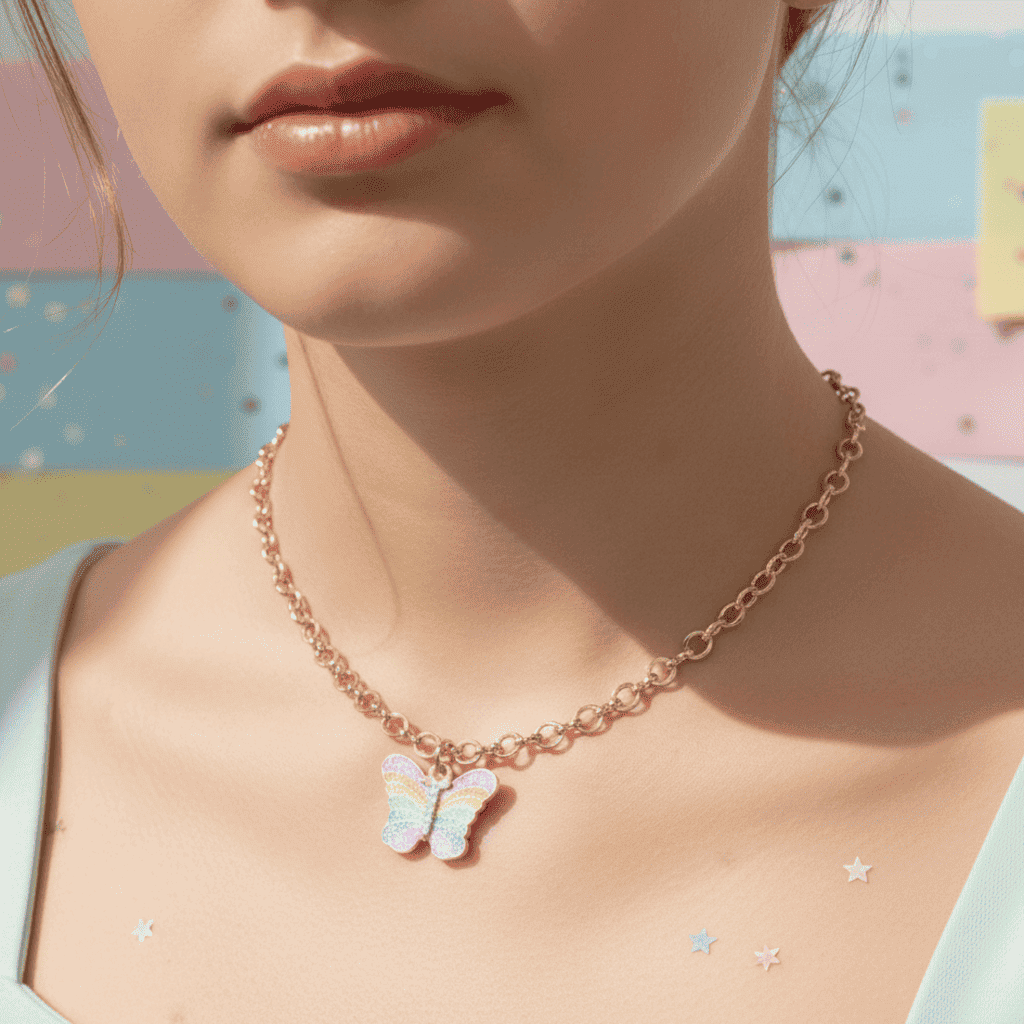 Necklace with a butterfly pendant worn by a person against a colorful background