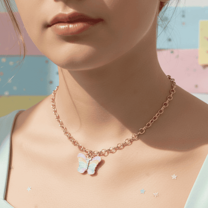 Necklace with a butterfly pendant worn by a person against a colorful background