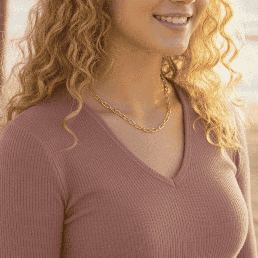 Woman wearing a pink sweater and gold chain necklace with a blurred background