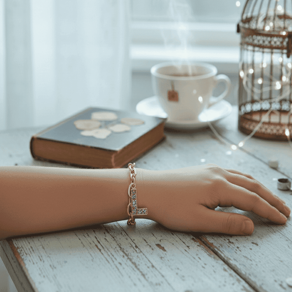 Hand wearing a bracelet on a wooden surface with a cup of tea and book in the background