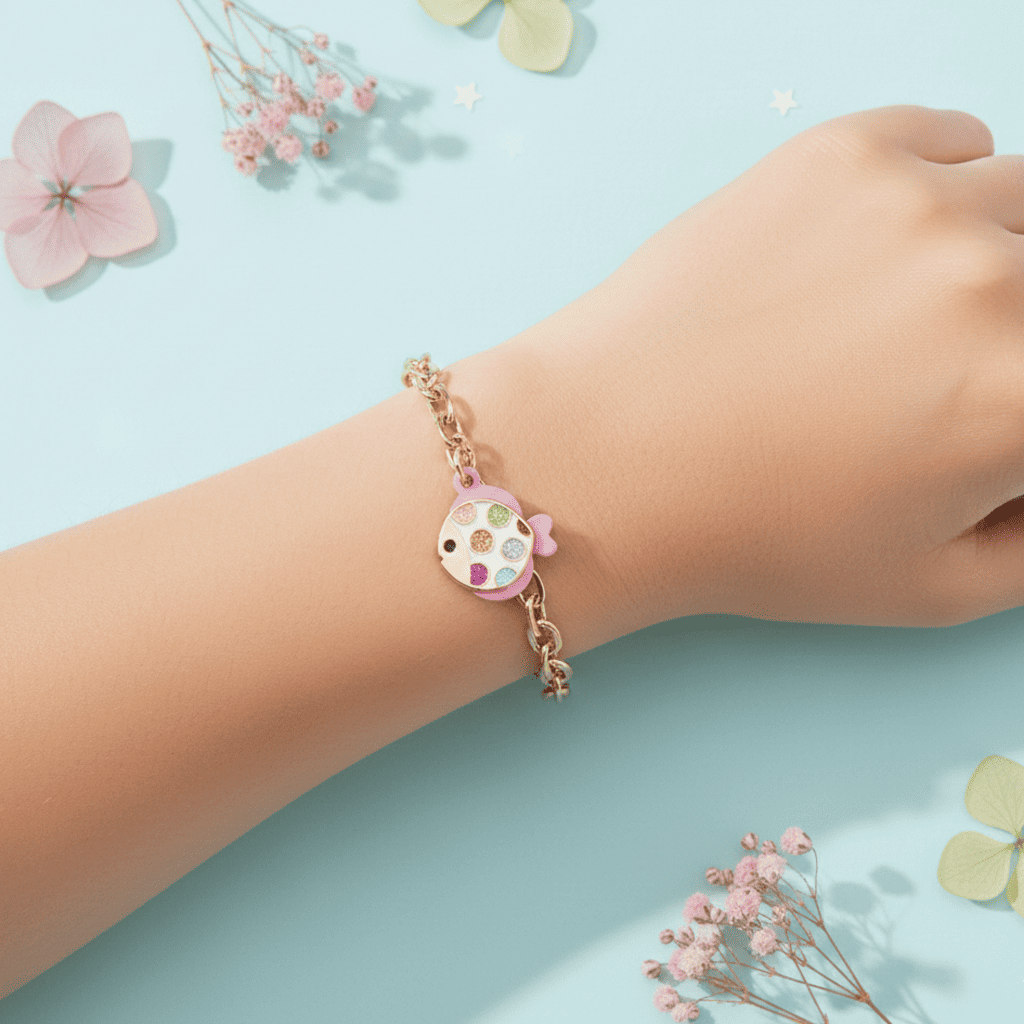 Child's wrist wearing a colorful bracelet with a blue background and flowers