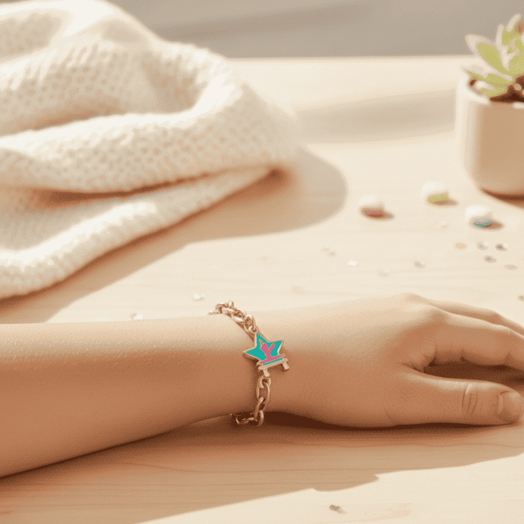 Hand wearing a gold bracelet with a star-shaped charm on a soft surface